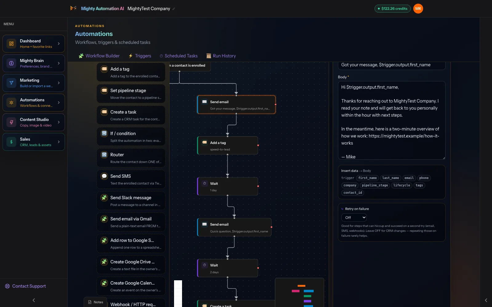 Workflow builder showing a speed-to-lead automation