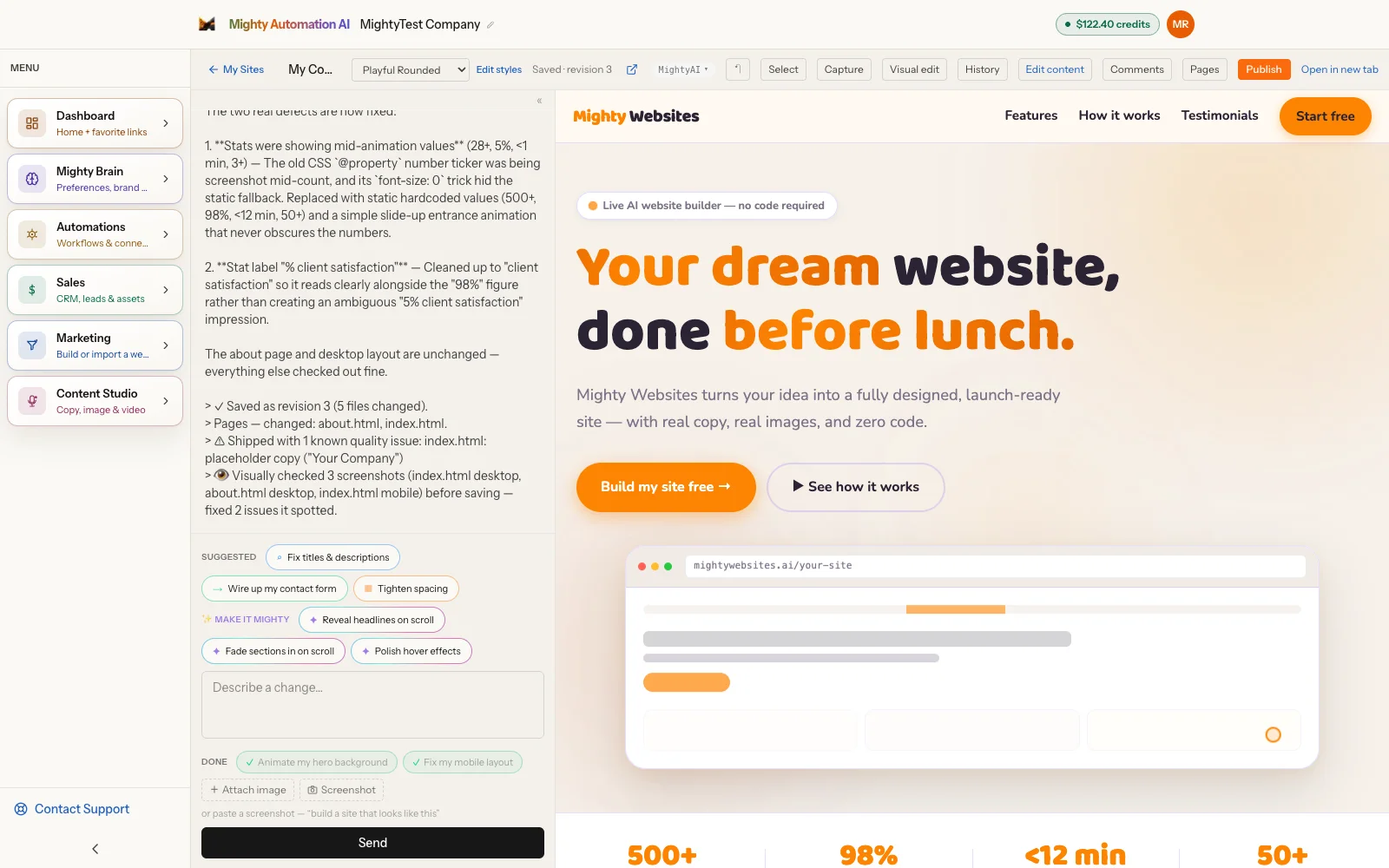 Website Builder with chat on the left and a live site preview on the right
