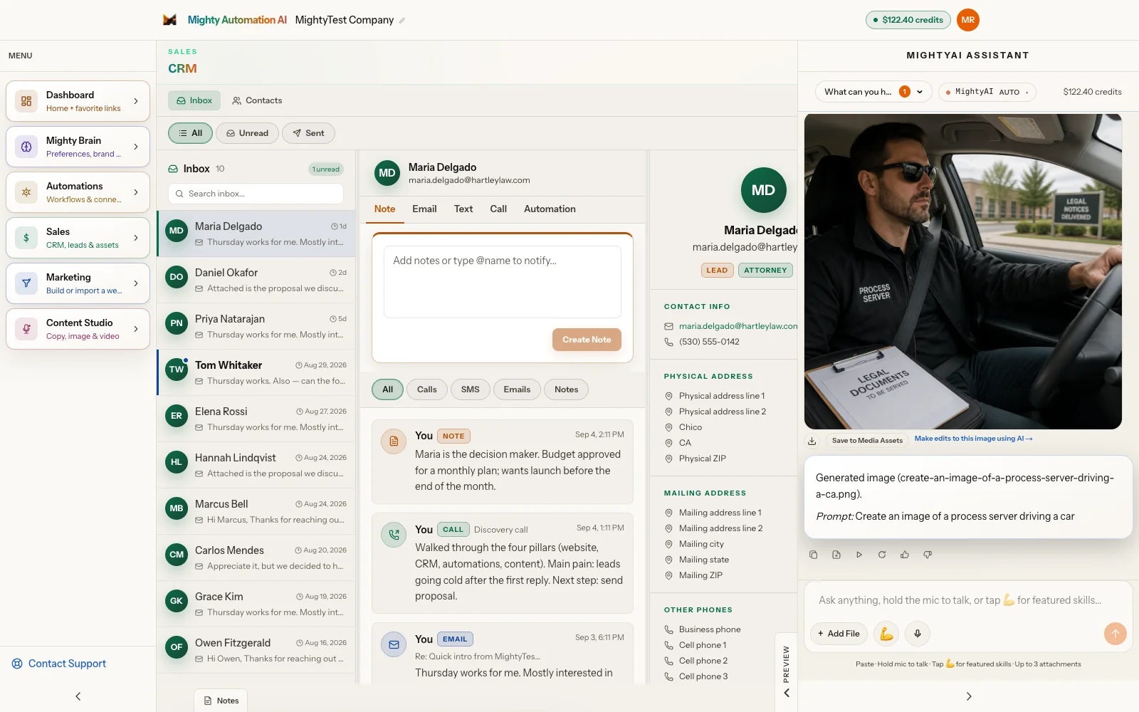 Mighty CRM inbox with a contact and email thread open